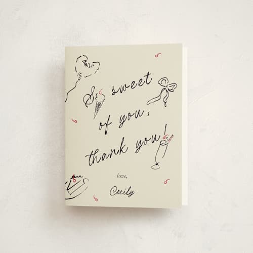 This is a licorice kids thank you cards with standard by Sarah Rosenthal called sweets & treats printing on strathmore in standard