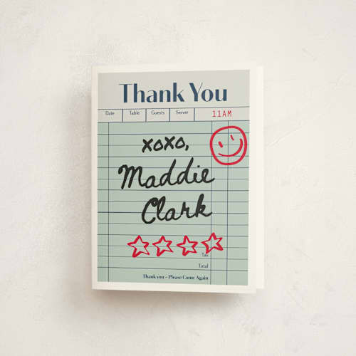 This is a mint kids thank you cards with standard by Jennifer Lew called guest check printing on strathmore in standard