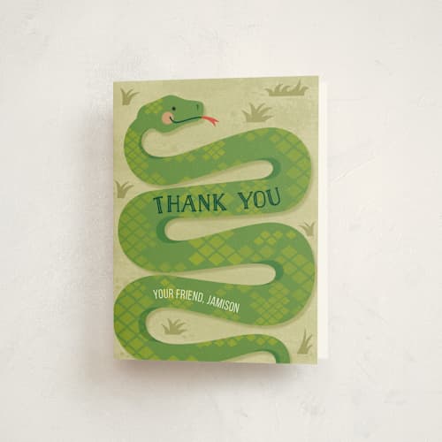 This is a grass kids thank you cards with standard by Jessica Ogden called slithering snake printing on strathmore in standard