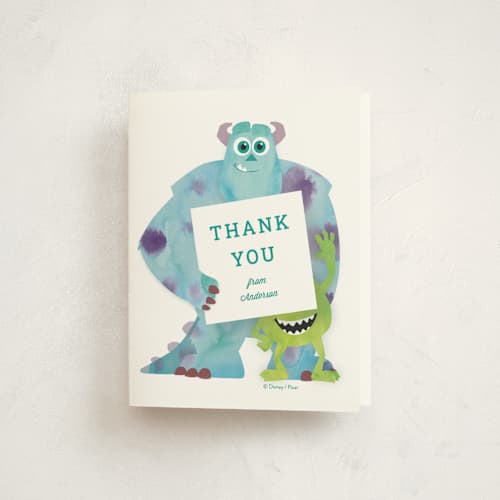 This is a marshmallow kids thank you cards with standard by Holly Whitcomb called disney and pixar's monster's inc party printing on strathmore in standard