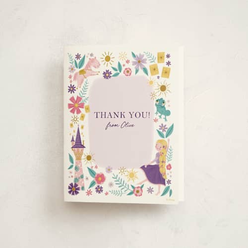 This is a lilac kids thank you cards with standard by Katherine Dietz called disney's tangled floral birthday invite printing on strathmore in standard