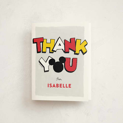 This is a traditional kids thank you cards with standard by Pixel and Hank called a disney mickey party printing on strathmore in standard