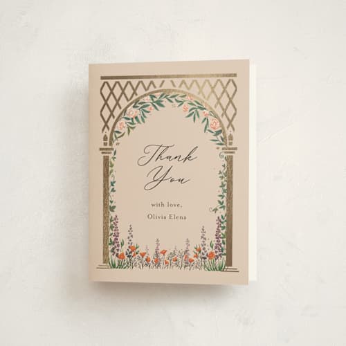 This is a sand graduation thank you cards with foil pressed by Becky Nimoy called victorian trellis printing on strathmore in standard