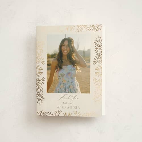 This is a cream graduation thank you cards with foil pressed by Nicoletta Savod called quinceañera elegance printing on strathmore in standard