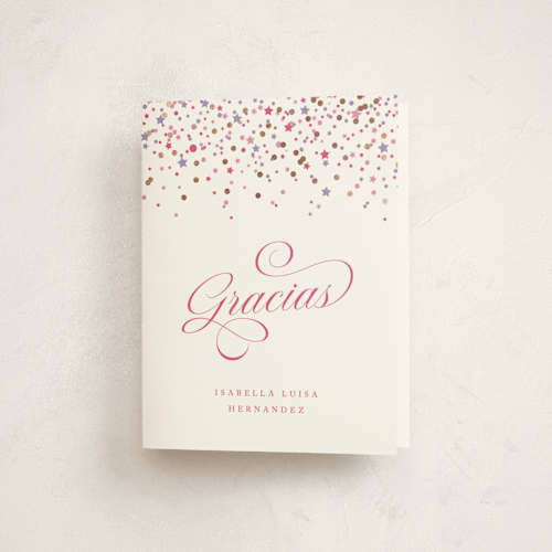 This is a berry graduation thank you cards with foil pressed by Olivia Raufman called confetti sparkle printing on strathmore in standard