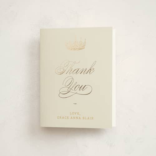 This is a caramel graduation thank you cards with foil pressed by Yolanda Mariak Chendak called belle of the ball printing on strathmore in standard