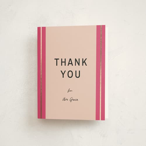 This is a hot pink graduation thank you cards with foil pressed by Ani Somi called ribbon stripes printing on strathmore in standard