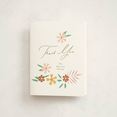 This is a peach kids thank you cards with standard by Phrosné Barwood called blooms printing on strathmore in standard