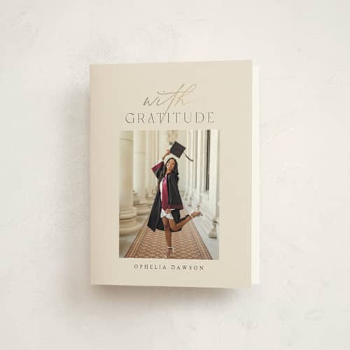 This is a cream graduation thank you cards with foil pressed by Ana Sharpe called a grad party printing on strathmore in standard