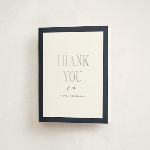 This is a navy graduation thank you cards with foil pressed by Christy Hy Lee called classic layout printing on strathmore in standard