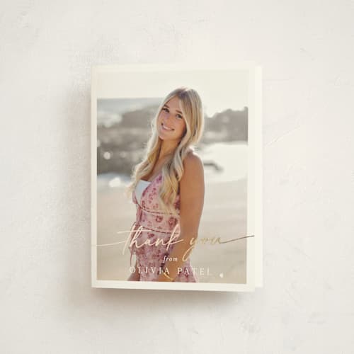 This is a snow graduation thank you cards with foil pressed by Sarah Curry called graduate script printing on strathmore in standard