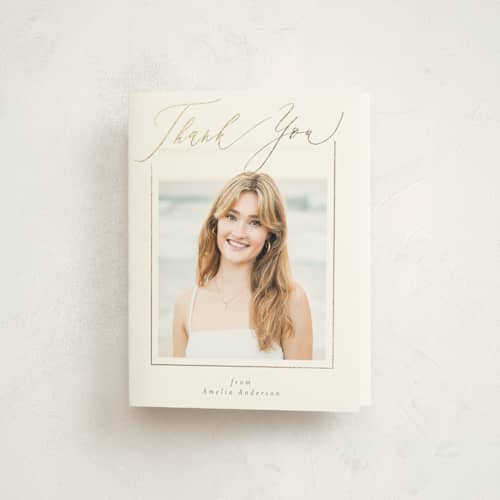 This is a latte graduation thank you cards with foil pressed by Deynaaz Daraei called carlisle printing on strathmore in standard