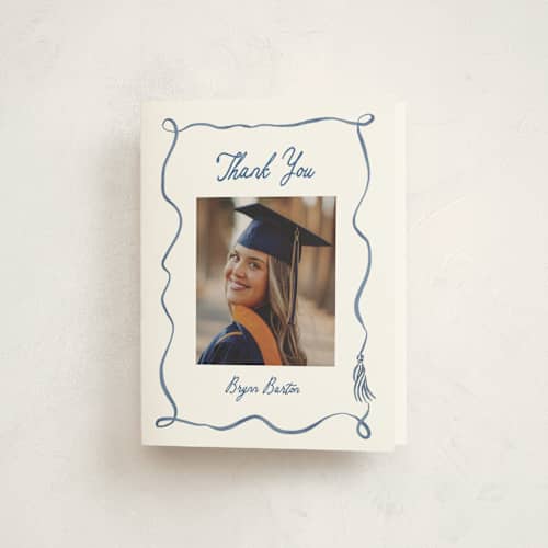 This is a cobalt graduation thank you cards with standard by Susan Zinader called sketched tassel frame printing on strathmore in standard
