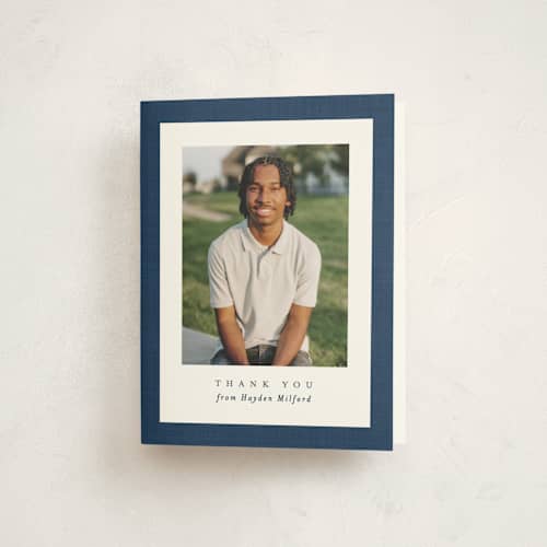 This is a jeans graduation thank you cards with standard by Lea Delaveris called linen frame printing on strathmore in standard