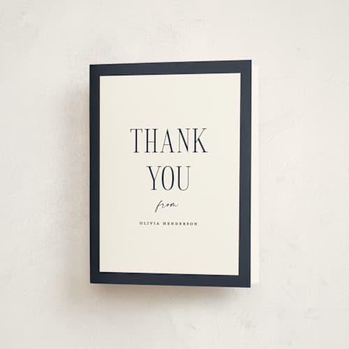 This is a navy graduation thank you cards with standard by Christy Hy Lee called classic layout printing on strathmore in standard