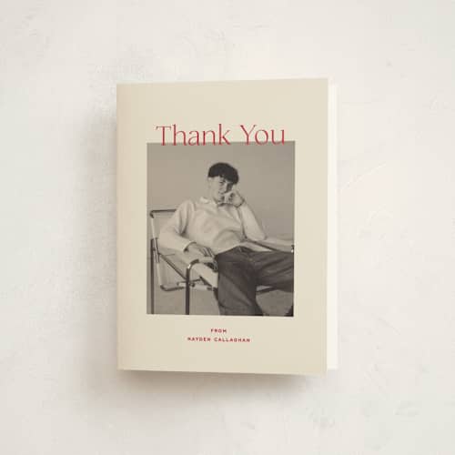 This is a scarlet graduation thank you cards with standard by Ellen Schlegelmilch called hayden printing on strathmore in standard