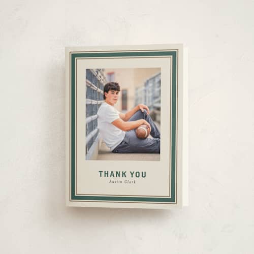 This is a evergreen graduation thank you cards with standard by Angela Garrick called varsity frame printing on strathmore in standard