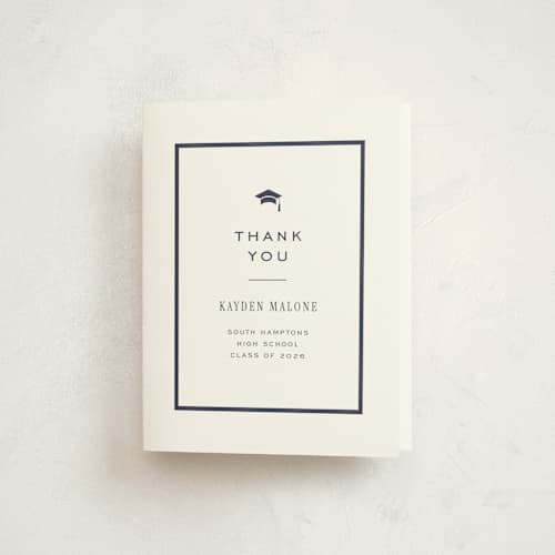 This is a navy graduation thank you cards with standard by Jennifer Wick called collegiate line printing on strathmore in standard