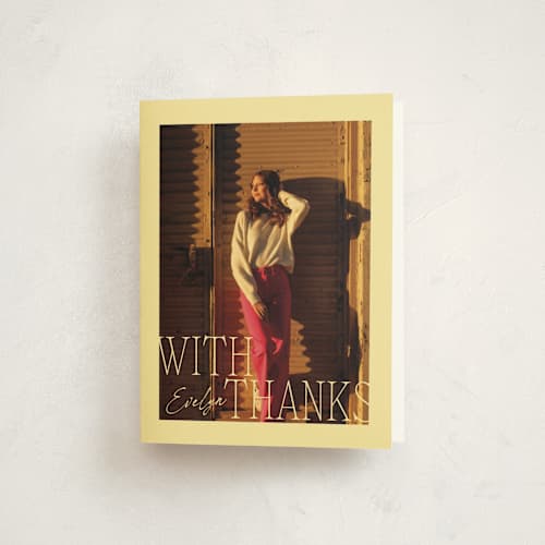 This is a golden hour graduation thank you cards with standard by Leia Matt called edge play printing on strathmore in standard