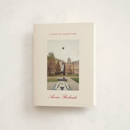 This is a sand graduation thank you cards with standard by Rachel Cassel called the single photo printing on strathmore in standard