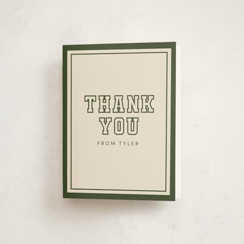 This is a forest graduation thank you cards with standard by Megan Cash called varsity year printing on strathmore in standard