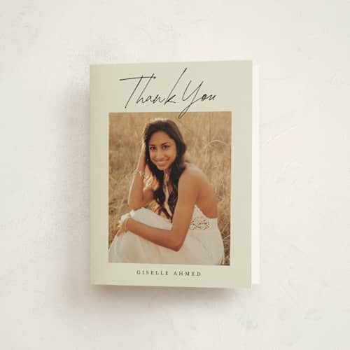 This is a bone graduation thank you cards with standard by Stacey Meacham called duo printing on strathmore in standard