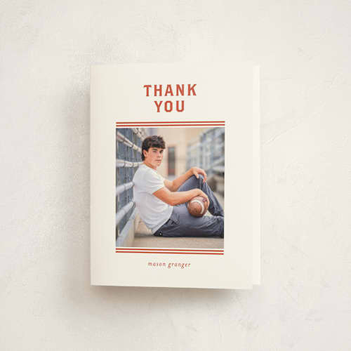 This is a poppy graduation thank you cards with standard by Angela Garrick called varsity stripes printing on strathmore in standard