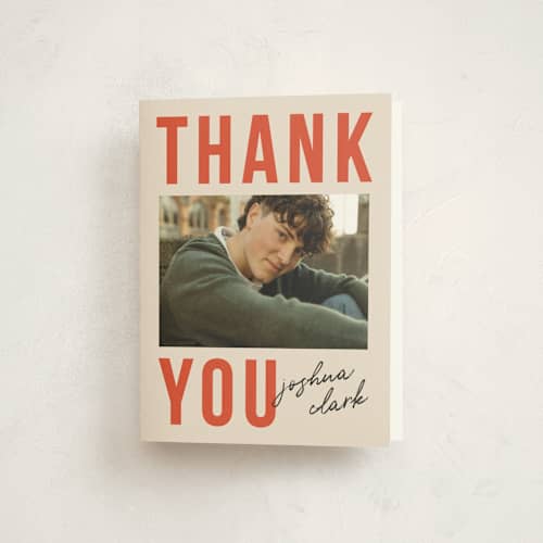 This is a tangerine graduation thank you cards with standard by Robert and Stella called poster type printing on strathmore in standard