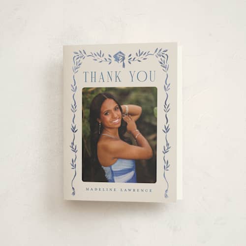 This is a indigo graduation thank you cards with standard by Petra Kern called grad crest printing on strathmore in standard