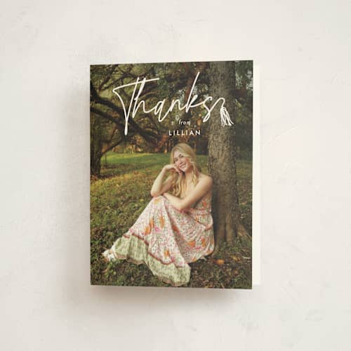 This is a snow graduation thank you cards with standard by Lauren Chism called tassled t printing on strathmore in standard