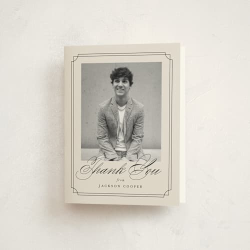 This is a taupe graduation thank you cards with standard by Ashley Iwafuchi called refined grad printing on strathmore in standard