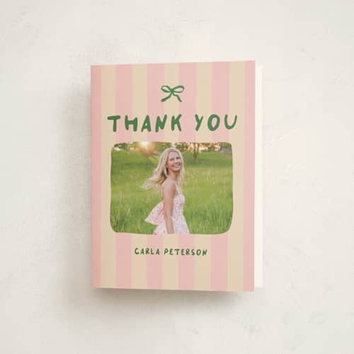 This is a raspberry matcha graduation thank you cards with standard by Vera Lim called whimsical stripes printing on strathmore in standard