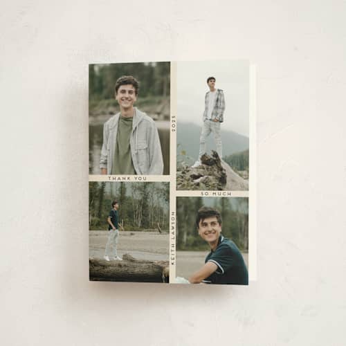 This is a ecru graduation thank you cards with standard by Morgan Kendall called grid printing on strathmore in standard