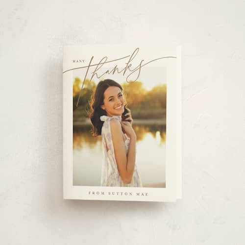 This is a golden graduation thank you cards with standard by Carolyn MacLaren called celebratory printing on strathmore in standard