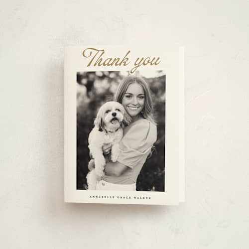This is a golden graduation thank you cards with standard by Maja Cunningham called vintage script printing on strathmore in standard