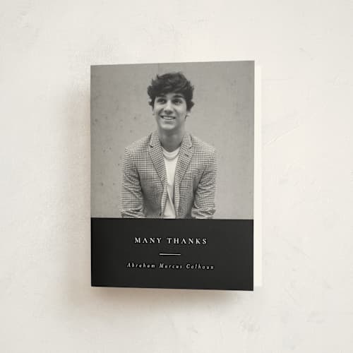 This is a noir graduation thank you cards with standard by Meggy Masters called distinguished printing on strathmore in standard