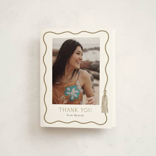 This is a snow graduation thank you cards with standard by Susan Zinader called tassel scallop printing on strathmore in standard