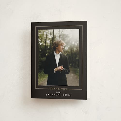 This is a truffle graduation thank you cards with standard by Joanna Griffin called straight arrow printing on strathmore in standard