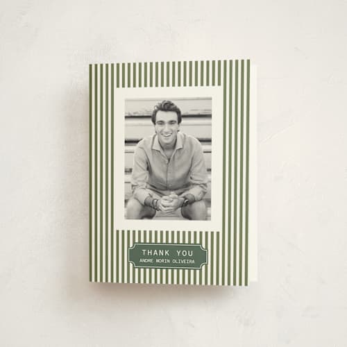 This is a pine graduation thank you cards with standard by Sherley Ferreira called stripes of success printing on strathmore in standard