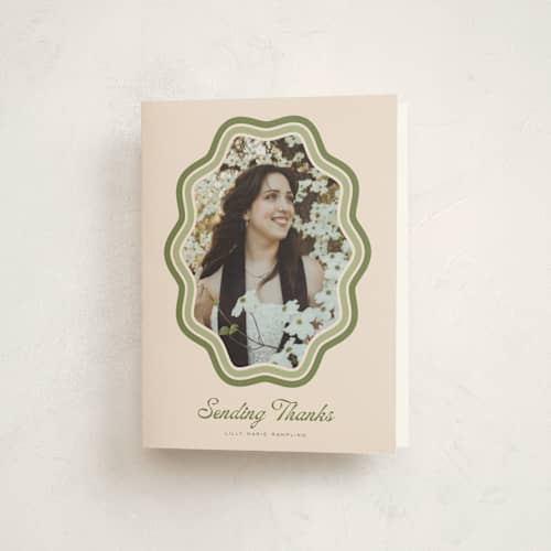 This is a matcha graduation thank you cards with standard by Melanie Kosuge called scalloped printing on strathmore in standard