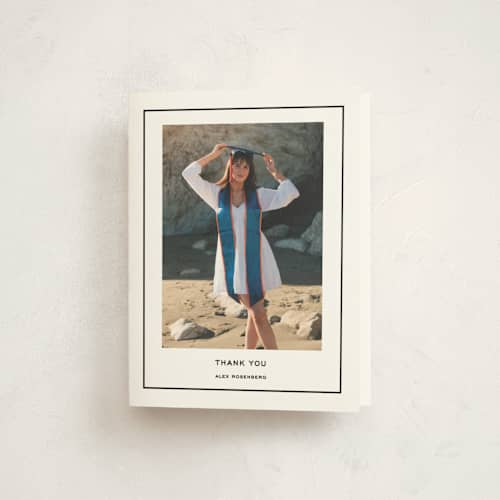 This is a noir graduation thank you cards with standard by Annie Shapiro called cap frame printing on strathmore in standard