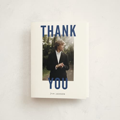 This is a navy graduation thank you cards with standard by Sara Hicks Malone called jax printing on strathmore in standard