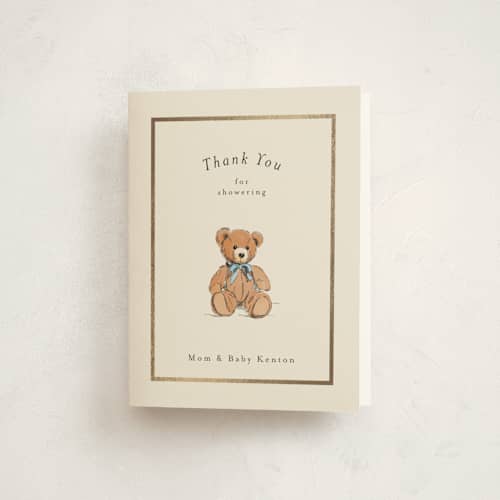 This is a frost baby shower thank you cards with foil pressed by Becky Nimoy called antique teddy bear printing on strathmore in standard