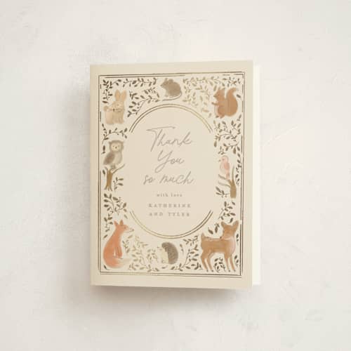 This is a ecru baby shower thank you cards with foil pressed by Creo Study called woodland storybook printing on strathmore in standard