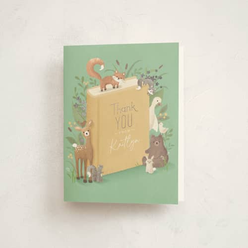 This is a mint baby shower thank you cards with foil pressed by Jennifer Wick called storybook printing on strathmore in standard