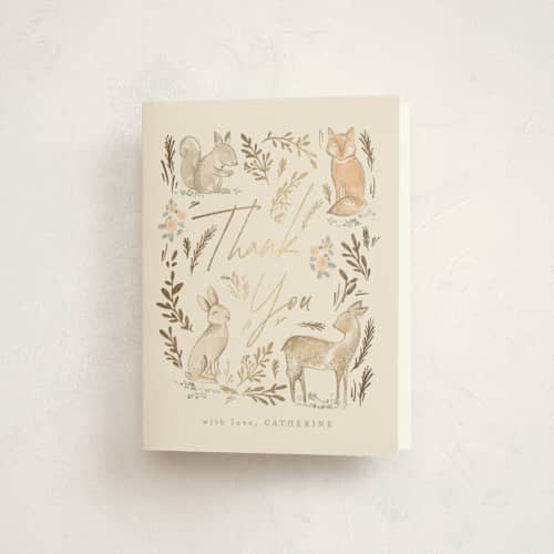 This is a ginger baby shower thank you cards with foil pressed by Creo Study called vintage woodland printing on strathmore in standard