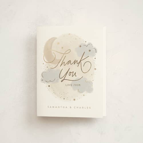 This is a latte baby shower thank you cards with foil pressed by Creo Study called moon and stars printing on strathmore in standard