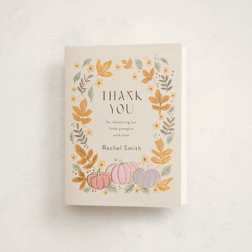 This is a pudding baby shower thank you cards with foil pressed by Cass Loh called pastel pumpkins printing on strathmore in standard