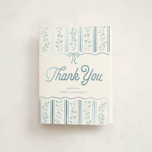 This is a powder blue baby shower thank you cards with foil pressed by Anna Black called vintage stripe printing on strathmore in standard