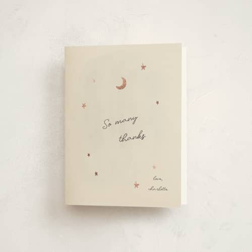 This is a cream baby shower thank you cards with foil pressed by Ani Somi called lullaby printing on strathmore in standard